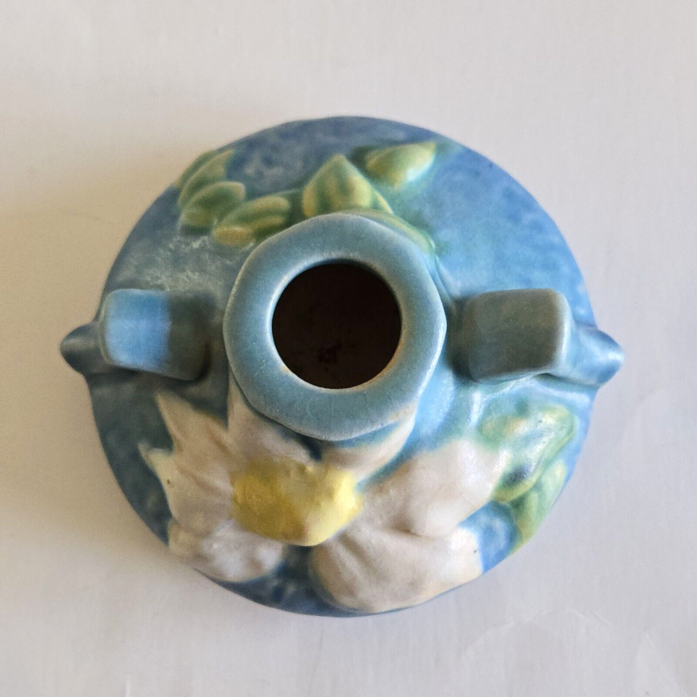 Vintage Roseville Pottery Candle Holder Clematis Blue Floral Retro USA 1940s - Picture 7 of 11